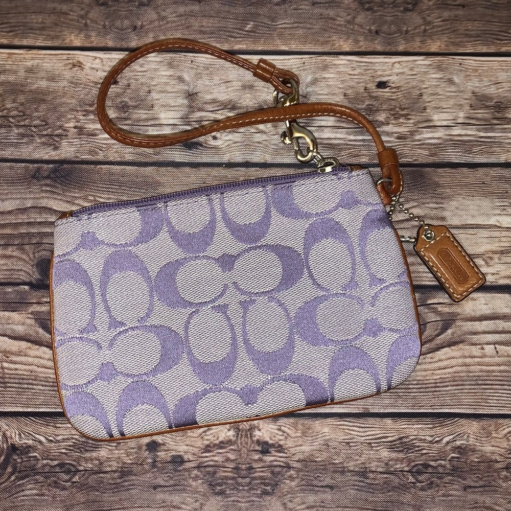 Coach Lilac Signature Canvas Wristlet with Tan Leather Trim